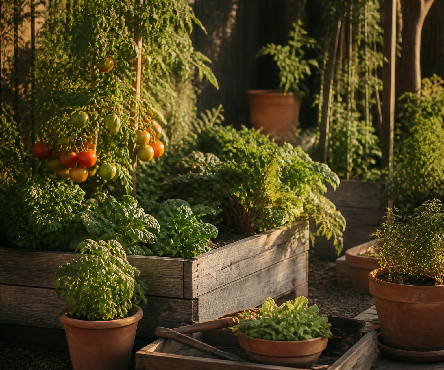 Raised vegetable garden bed with tomatoes and herbs at golden hour